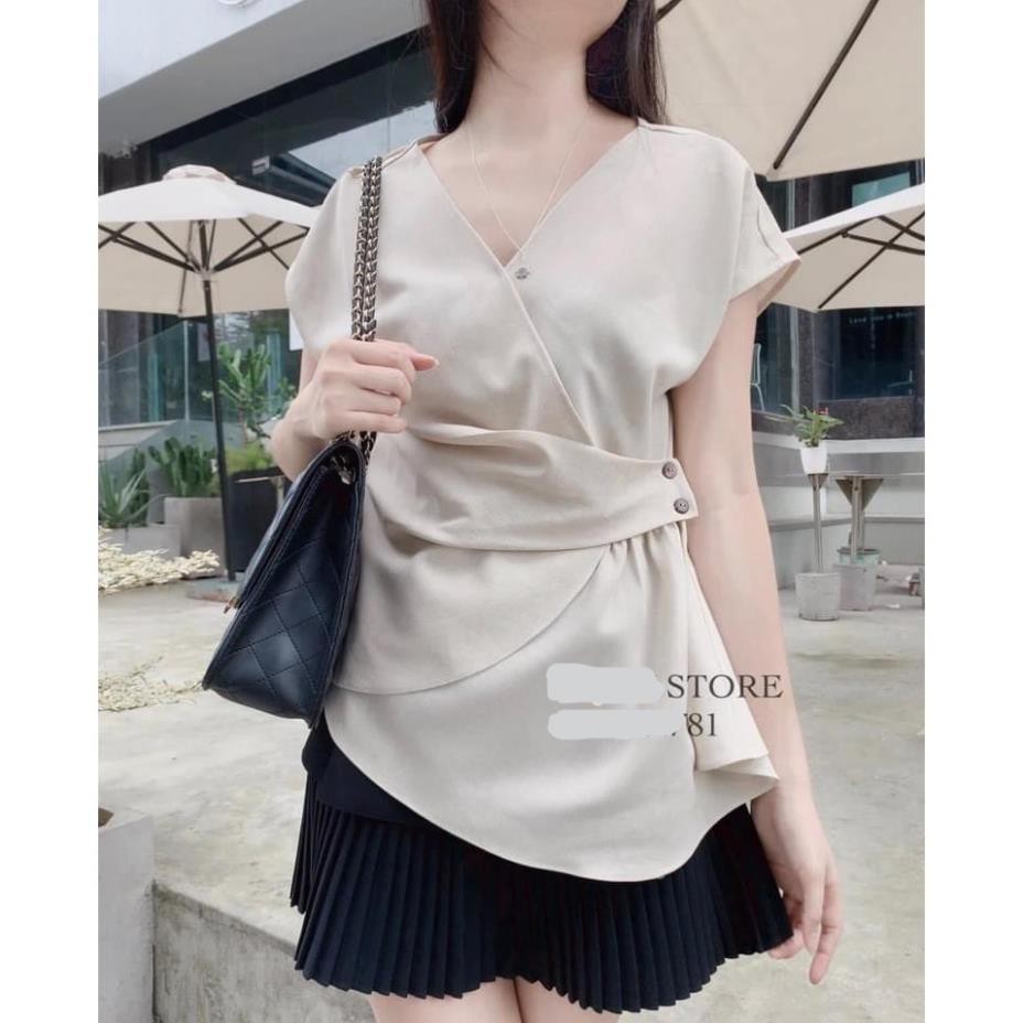Áo Lụa Vạt Chéo Cổ V Cúc Gỗ - Áo Lụa Tay Hến Vạt Chéo