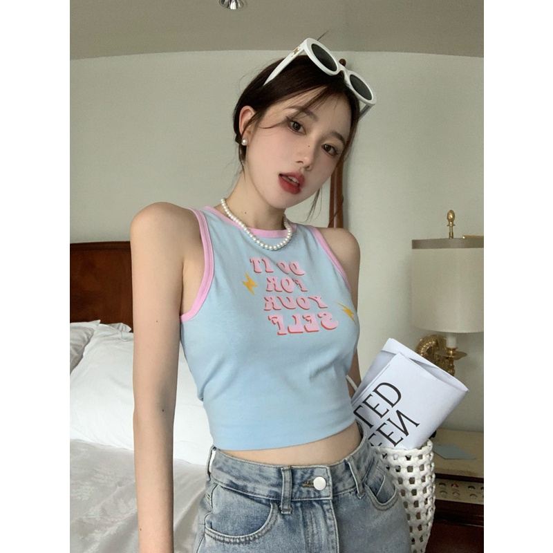 Kumikumi Áo Hai Dây Dáng Ngắn In Chữ Màu Xanh Dương Nhỏ Xinh Thời Trang Mùa Hè 2022 Phong Cách Hàn Quốc Cho Bạn Gái