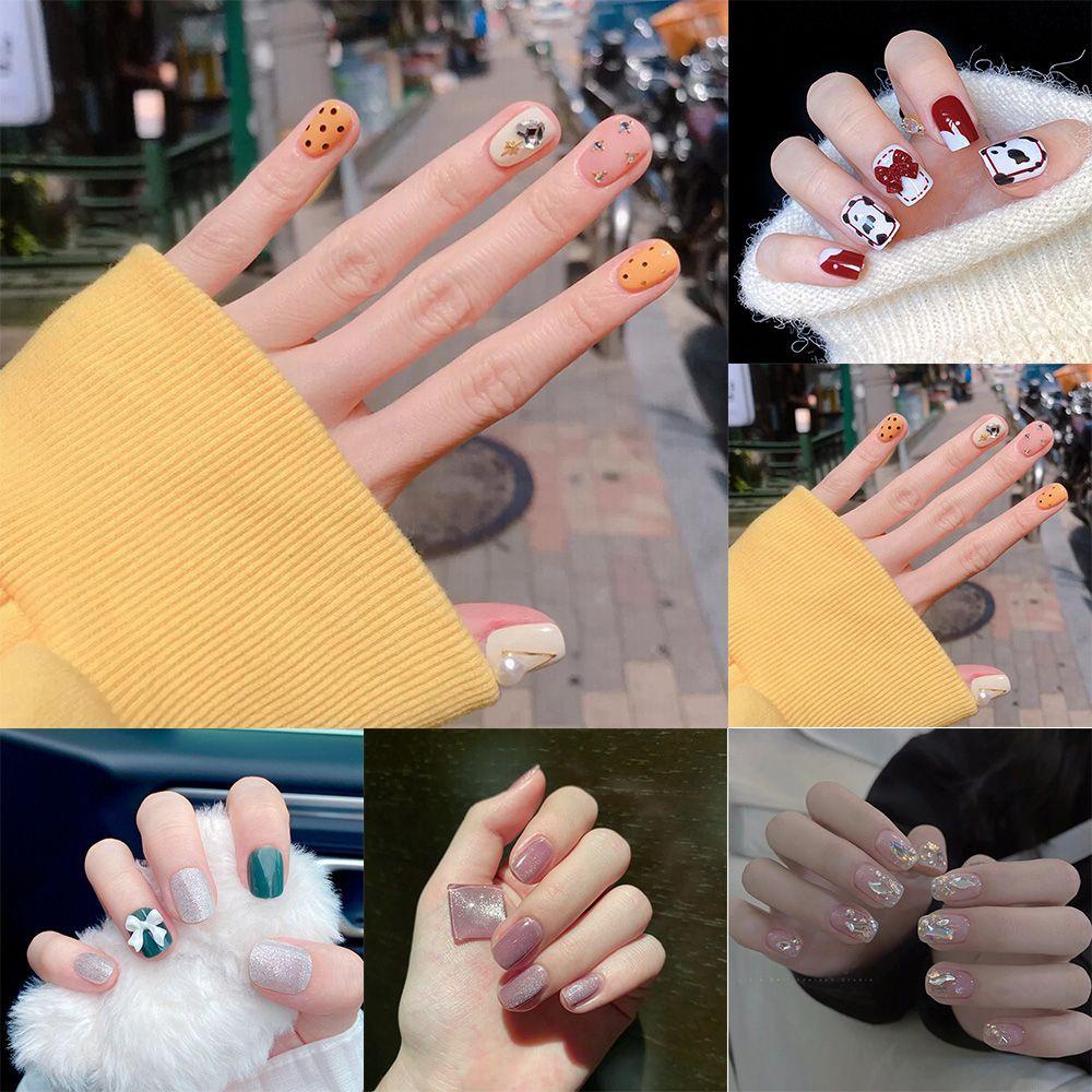Bộ 1 24 Móng Tay Giả Ngắn / Tròn / Vuông Che Phủ Toàn Diện Kiểu Pháp