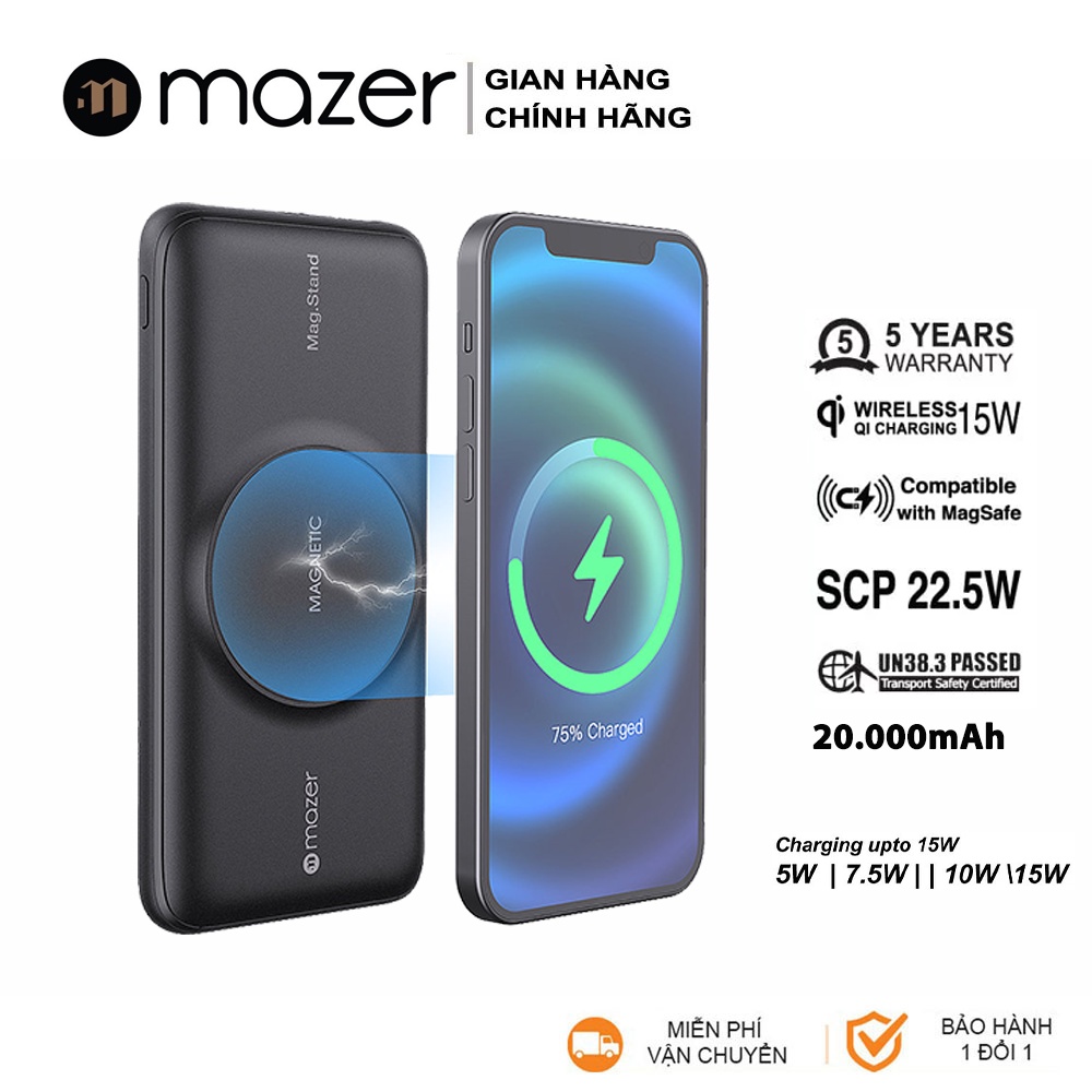 Pin Sạc Không Dây Mazer Infinite.Boost Mag.Stand Qi Wireless 15W/20000mAh - Phân phối chính hãng