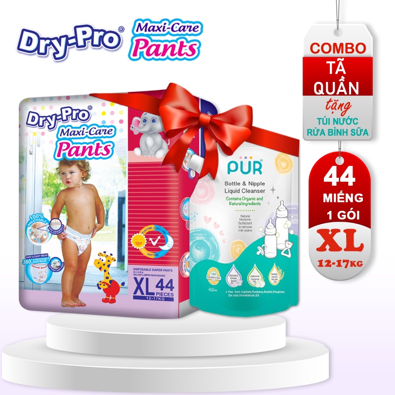 Combo tã/bỉm quần Dry-Pro XL44  + tặng Túi nước rửa bình sữa Pur 450ml