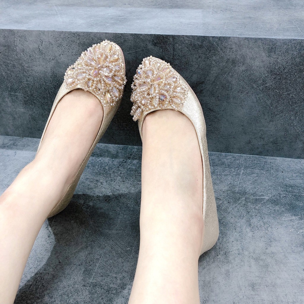 Min's Shoes - Giày Bệt Đá Da Thật B280 Vàng đá