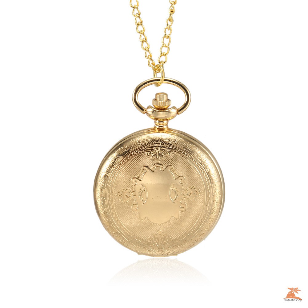 #Đồng hồ bỏ túi# 1pc Men Women Quartz Pocket Watch Golden Shield Pattern Carved Case with Chain