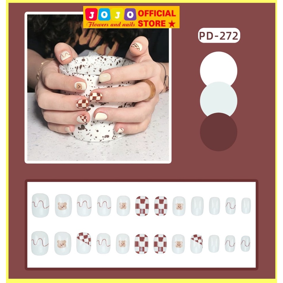 Móng tay giả, nailbox, PD272 kẻ caro gấu bear 24 móng kèm keo