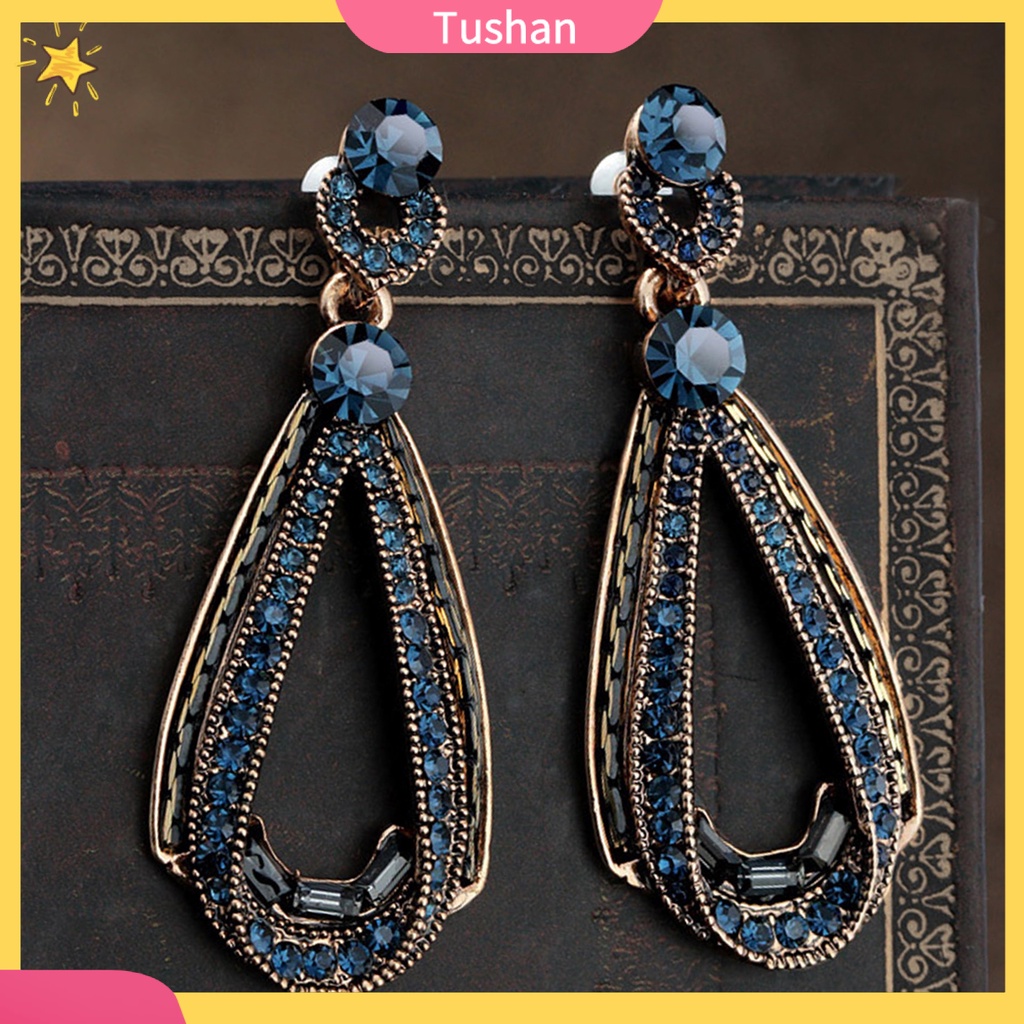 Bông tai dáng dài đính đá xanh dương thời trang dự tiệc cho nữ