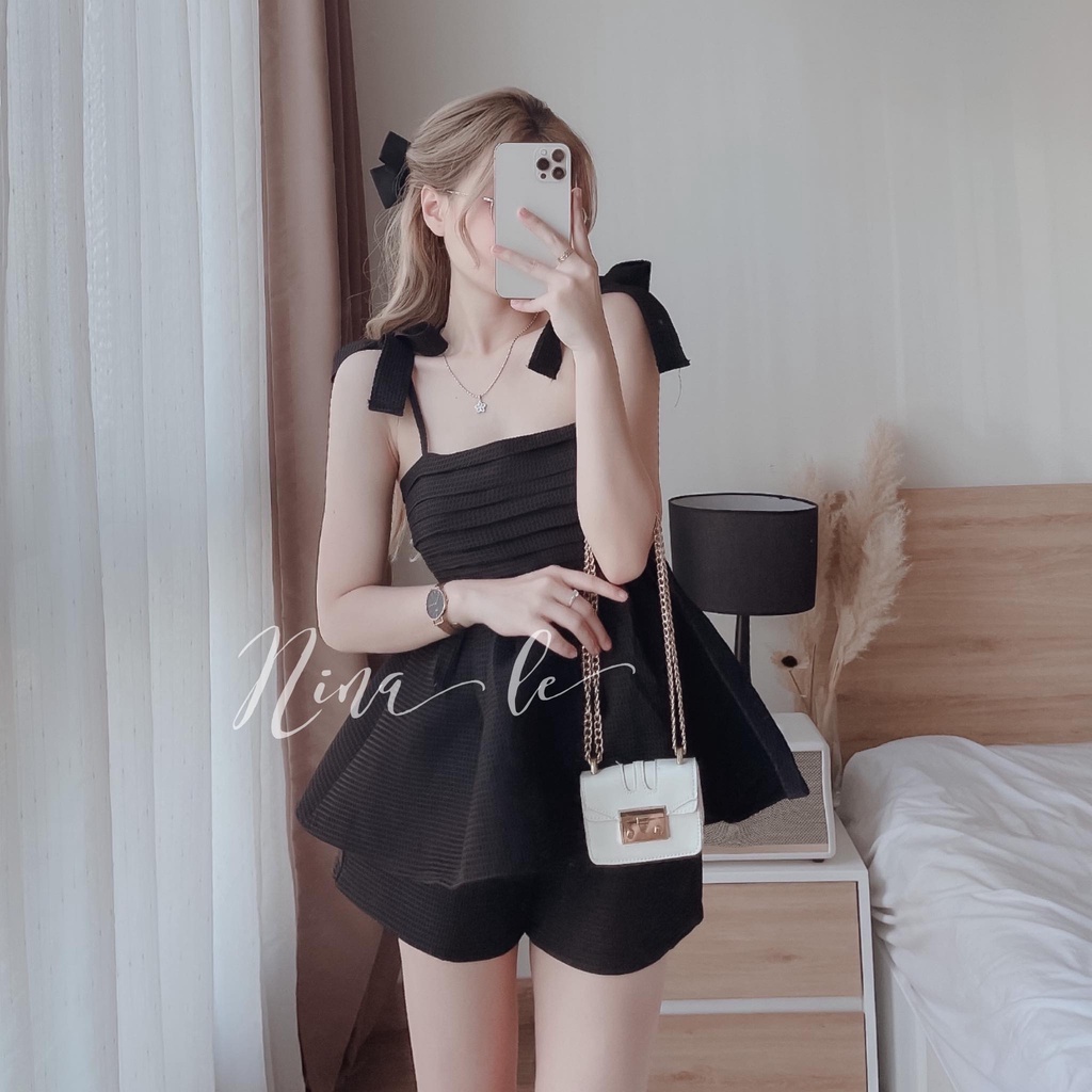 Sét bộ đồ nữ váy xòe 2 dây xếp ly phối quần đùi màu sắc đa dạng đi chơi, đi biển