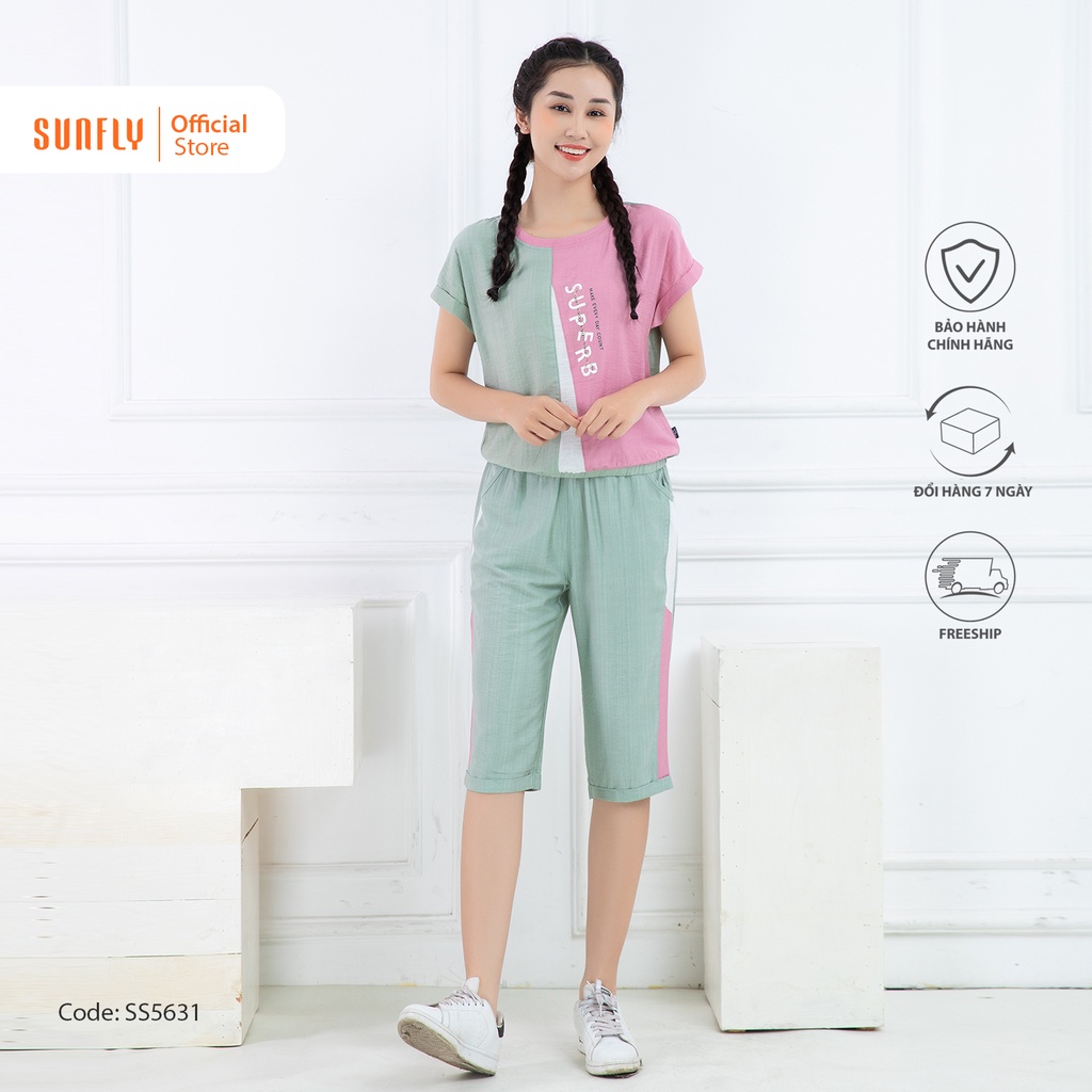 Bộ đồ mặc nhà nữ thể thao linen SUNFLY áo cộc quần ngố SS5631