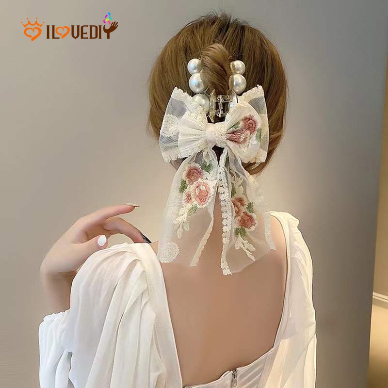 Kẹp Tóc Hình Nơ Thêu Hoa Phối Ren Phong Cách Cổ Điển Tinh Tế Cho Nữ