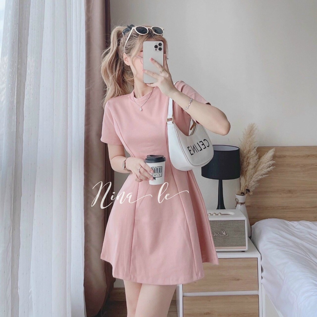 Đầm thun trơn basic cổ tròn dáng xòe, váy thun body maxi ngắn đơn giản dạo phố trẻ trung