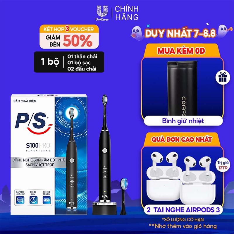 [Mã FMCGMALL -8% đơn 250K] Bàn Chải Điện P/S S100 PRO - Công Nghệ Sóng Âm, Chải Sạch Mảng Bám Tới 10X - Đen Nhám