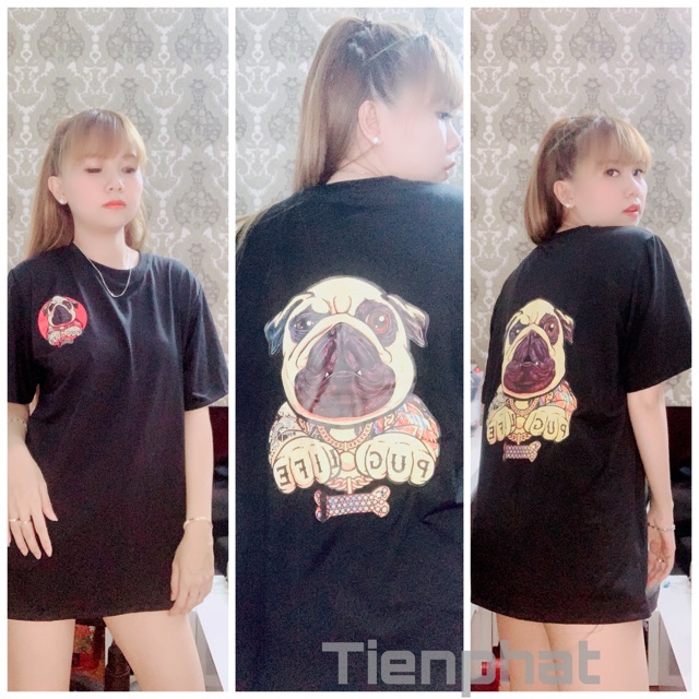 Áo thun couple unisex màu đen cá tính- Áo thun đen chó pug life