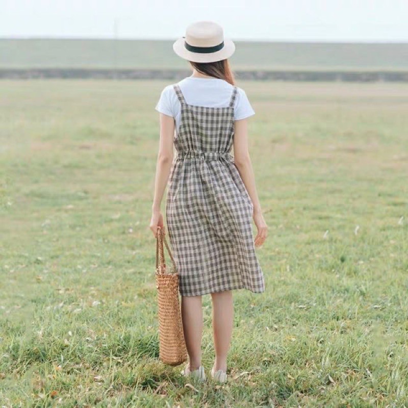 Váy Yếm Kẻ Caro Ulzzang Thắt Nơ Eo Hot Hít