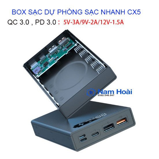 Box sạc dự phòng 5 cell hổ trợ sạc nhanh QC 3.0, PD 3.0 ( Có thể dể dàng tháo nắp để thay pin khi sử dụng lâu ngày )