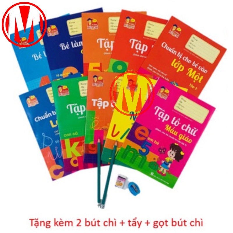 Bộ 10 Quyển Vở Tập Viết, Tập Tô Chữ Số Cho Bé Chuẩn Bị Vào Lớp Một ( Tặng 2 Bút Chì + 1 Tẩy + 1 Gọt Bút Chì)..