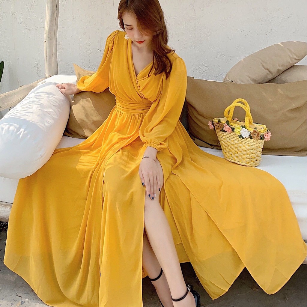 Đầm dự tiệc xẻ tà cổ V, đầm Maxi đi biển, chụp ảnh siêu sang chảnh, cực phẩm VINTAGE STORE | BigBuy360 - bigbuy360.vn