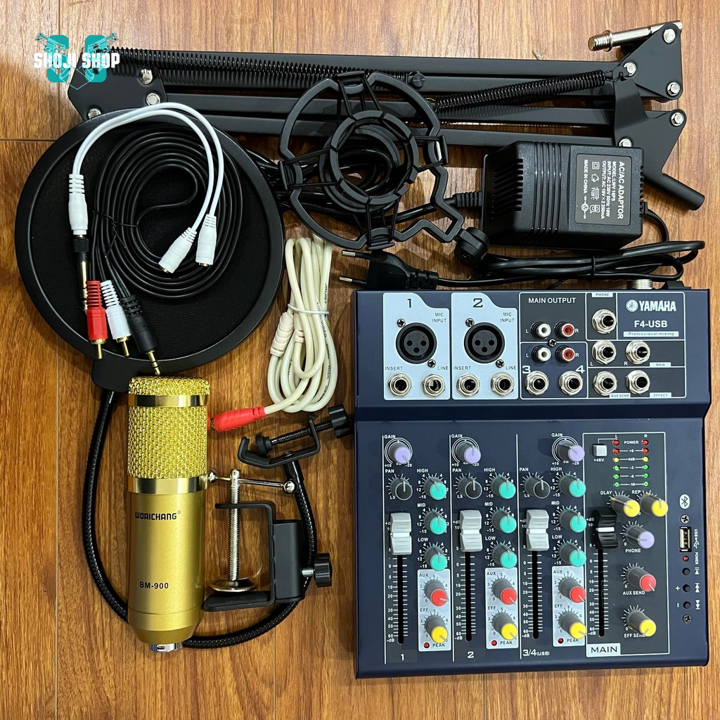 Dàn Hát Thu Âm Sound-Card F4 Bluetooth + Micro BM900 Live Stream Oneline Tại Nhà + 12 Tháng BH