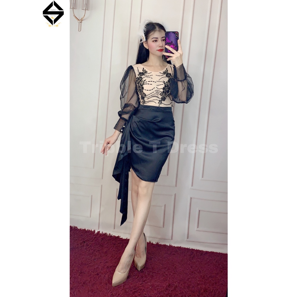 Đầm dự tiệc body TRIPBLE T DRESS ngắn mini tay dài lưới phối ren cườm - size S/M/L - MS334Y
