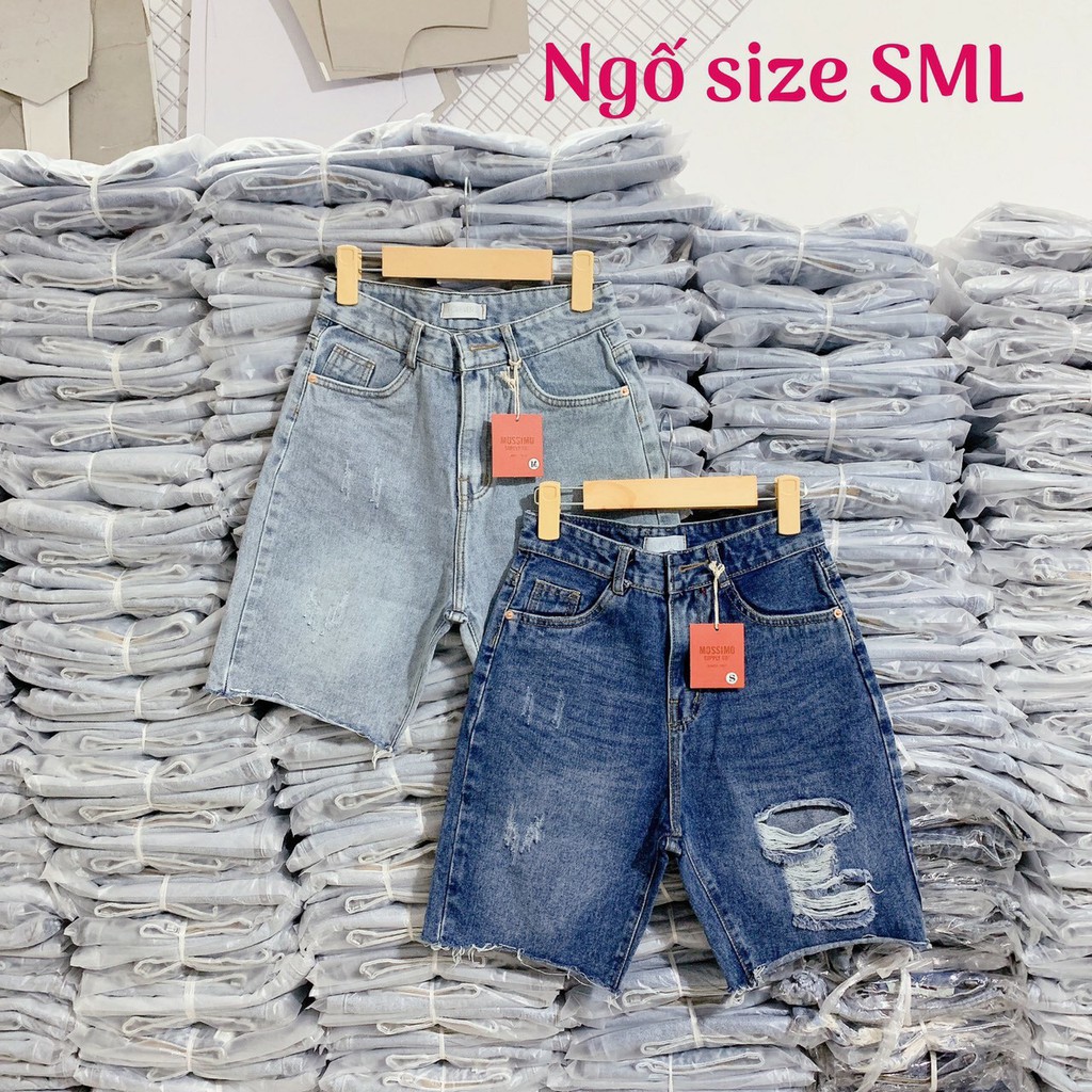 QUẦN SHORT LỬNG JEAN – BÒ NGÓ ĐÙI KIỂU NỮ LƯNG CAO XANH TRƠN BASIC RÁCH BỤI 30