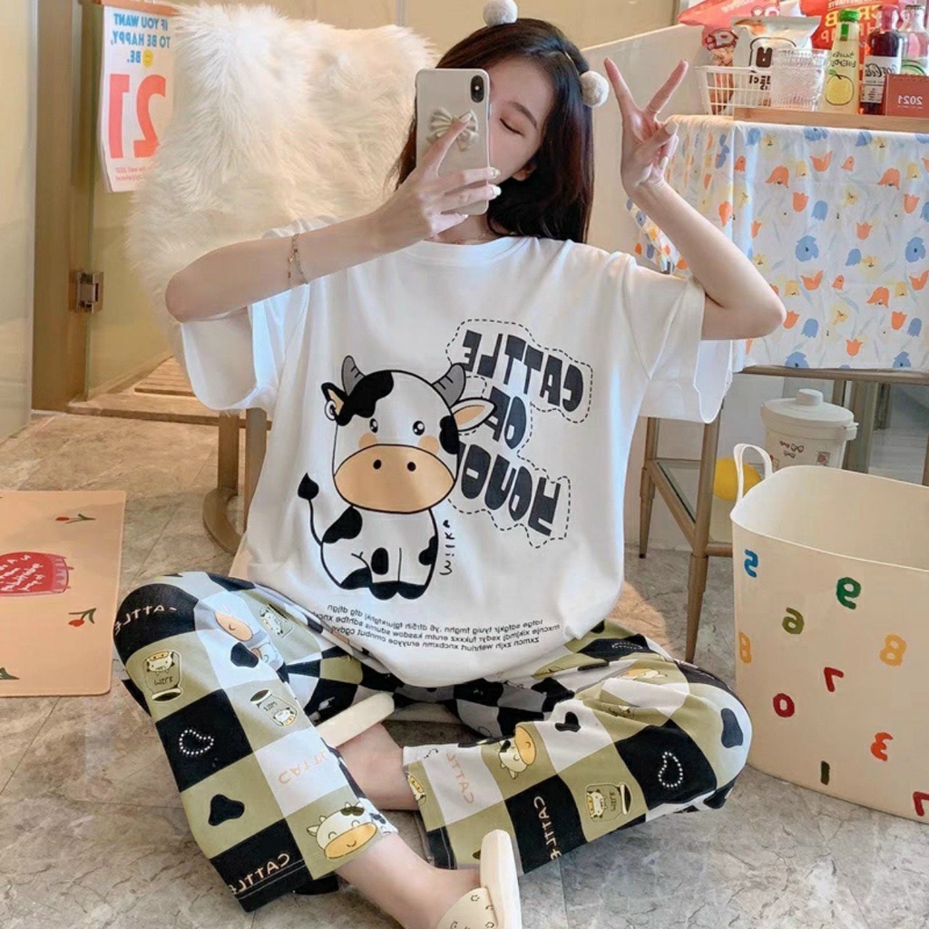 Đồ bộ bò sữa caro hot trend form rộng chất cotton co giãn tốt thoáng mát dáng dài thời trang Hàn Quốc chất lượng