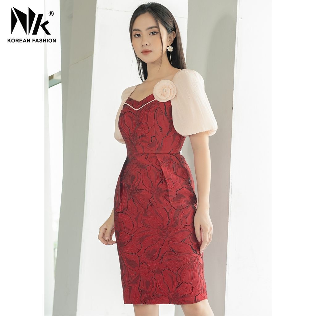 Váy Thiết Kế Nữ NK Fashion Dáng Bút Chì Cổ Cách Điệu Phối Tay Bồng, Vải Gấm Hàn Cao Cấp NKDV2010010