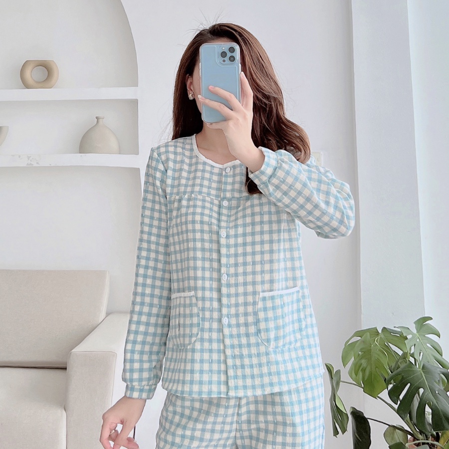 Đồ bộ nữ mặc nhà cao cấp họa tiết kẻ áo dài quần dài túi sẻ phối trắng chất vải thô hàn mềm Jane mã TK20