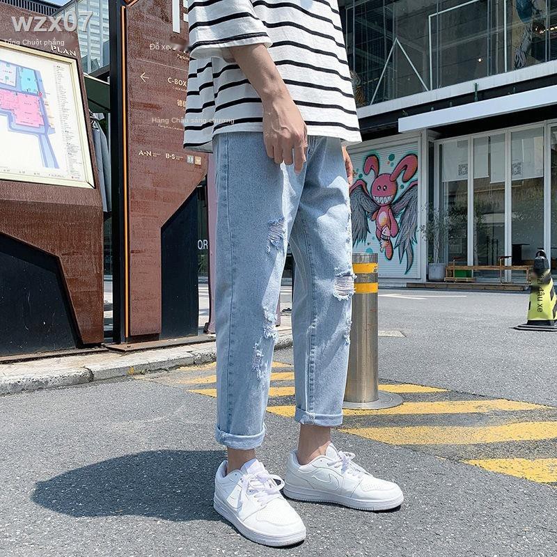 quần nam ống rộng thẳng jean lỗ mùa hè tây mỏng cắt xén sinh viên Phong cách Hàn Quốc hợp thời trang tất