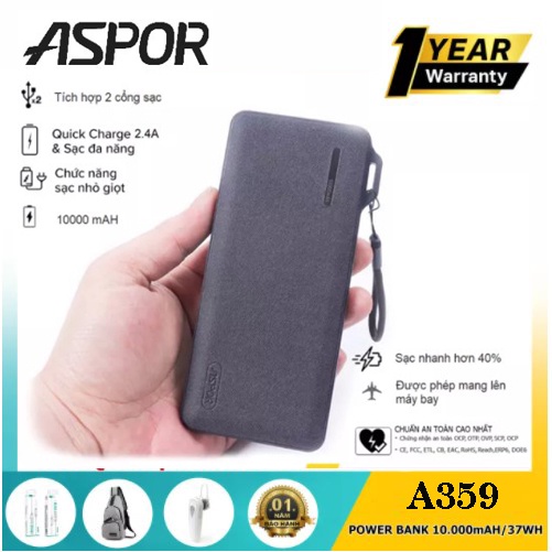 Tặng Cáp Sạc Hãng Sạc dự phòng polymer 10.000mAh Aspor A359 2 cổng sạc USB cho Iphone / Samsung / Xiaomi Flash Change