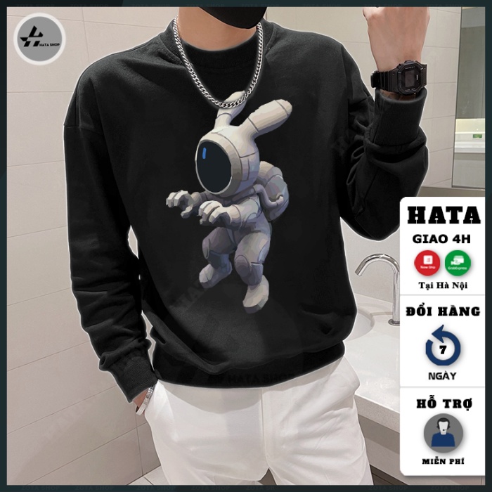 Áo nỉ sweater mịn đẹp, Áo nỉ nam dáng ôm giữ nhiệt in Thỏ Thám Hiểm lạ mắt mã NZ658