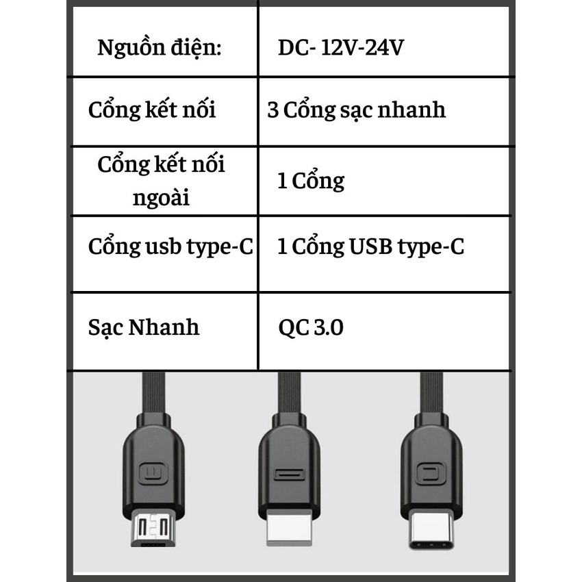 Tẩu Sạc ô tô QC 3.0 - Tẩu chia sạc usb 3.1a có cổng type C dùng được cho mọi loại xe