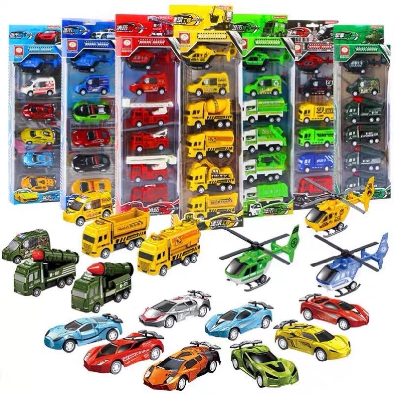 Đồ chơi bộ hộp Set 6 Món Ô tô Máy Bay Chạy Cót, bánh đà ,Xe mô hình: xe cứu hỏa, quân đội, máy bay