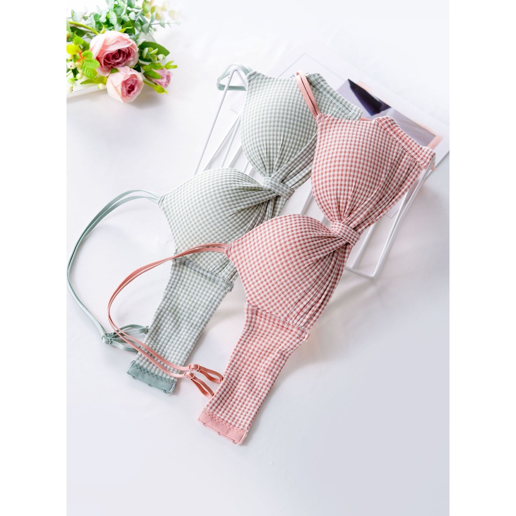 Áo Lót Nhún Nơ Phối Kẻ Caro Không Gọng Dễ Thương-Chất Cotton Mịn-chippie AL6