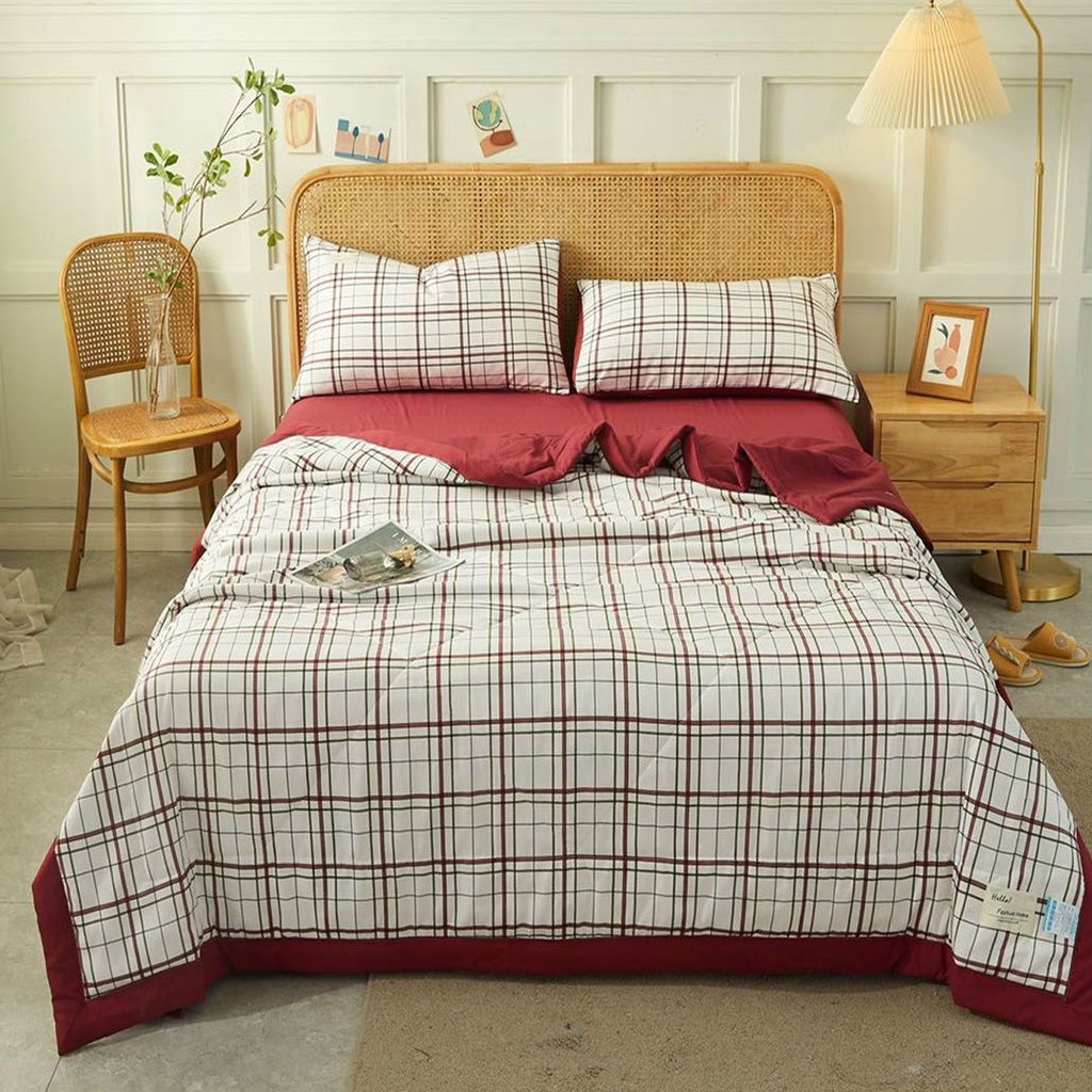 Bộ chăn ga gối cotton tici chăn trần Emmibedding Store mẫu KẺ ĐỎ