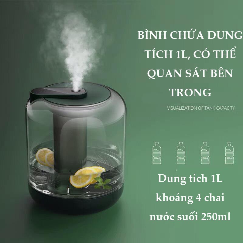 MÁY PHUN SƯƠNG KHUẾCH TÁN TINH DẦU TẠO ẨM - TẠO MÙI THƠM, có đèn ngủ, dung tích 1000ml, cáp sạc USB