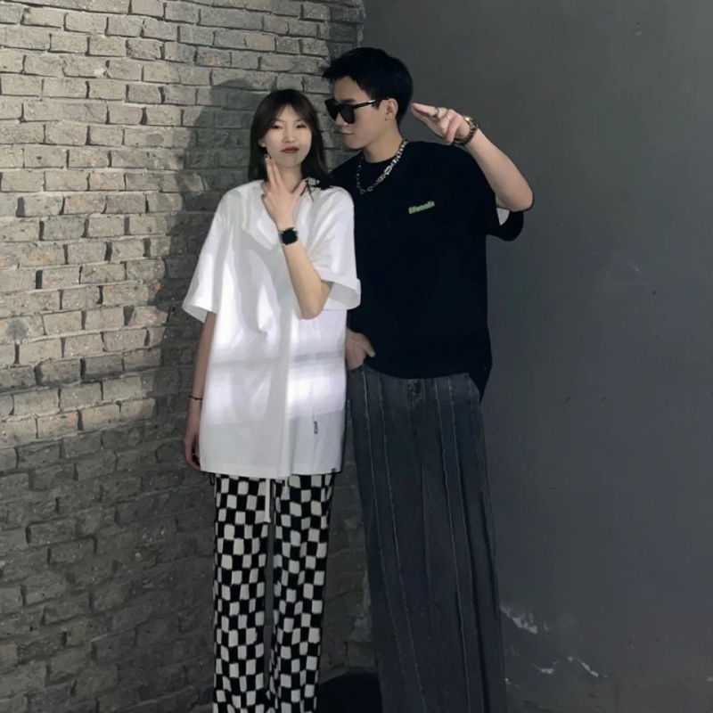 Áo Thun 100% Cotton Nguyên Chất Ngắn Tay In Họa Tiết Bàn Cờ Phong Cách Hàn Quốc Cho Cặp Đôi