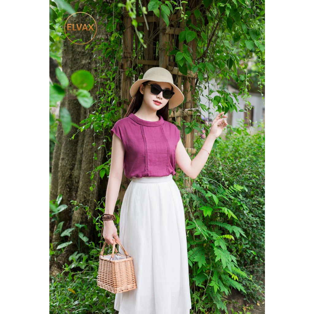 Bộ Đồ Linen Nữ ELVAX Áo Sơ Mi Suông Tay Hến Tím Mận, Chân Váy Dài Chất Lượng Linen Gân Xước