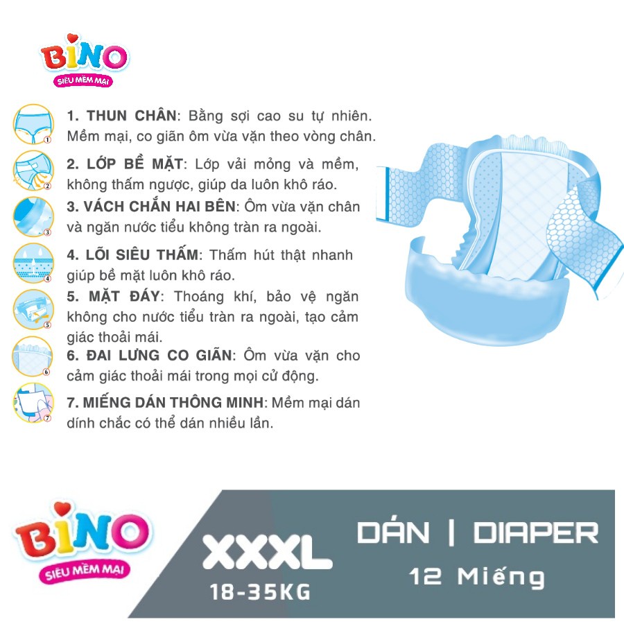 Combo 5 gói tã dán bino sumo XXXL12 công nghệ nhật siêu thấm hút ( 18-35kg )