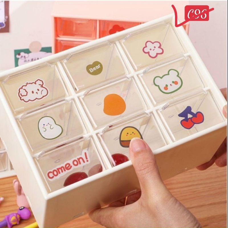 Hộp nhựa đa năng 9 ngăn đựng đồ siêu xinh , kệ 9 ngăn đựng đồ mini tặng kèm sticker