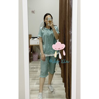 (M) Bộ ngủ áo cộc quần lỡ lụa modal cho mẹ xanh cổ bèo hoa nhí ACQL-05
