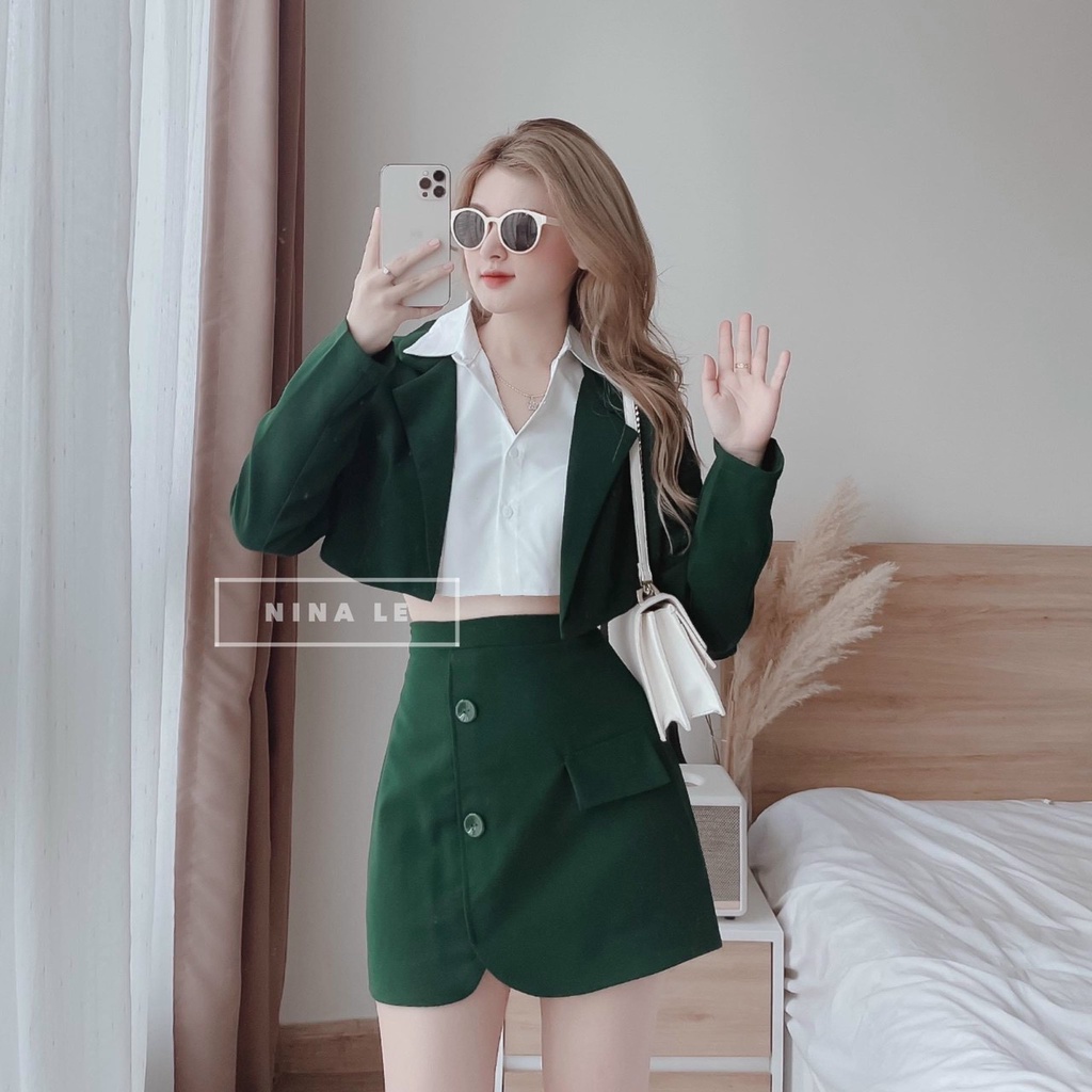 Áo blazer nữ - áo vest nữ,Sét bộ 3 món gồm áo blazer mix áo sơ mi croptop và chân váy xinh xắn