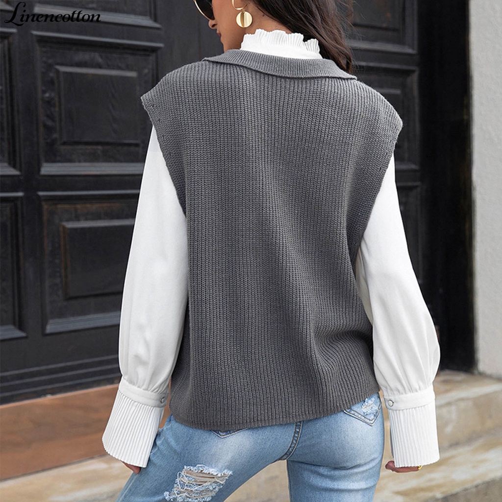 Áo cardigan dệt kim cổ chữ V không tay màu xám đậm bằng cotton lanh cho nữ | BigBuy360 - bigbuy360.vn