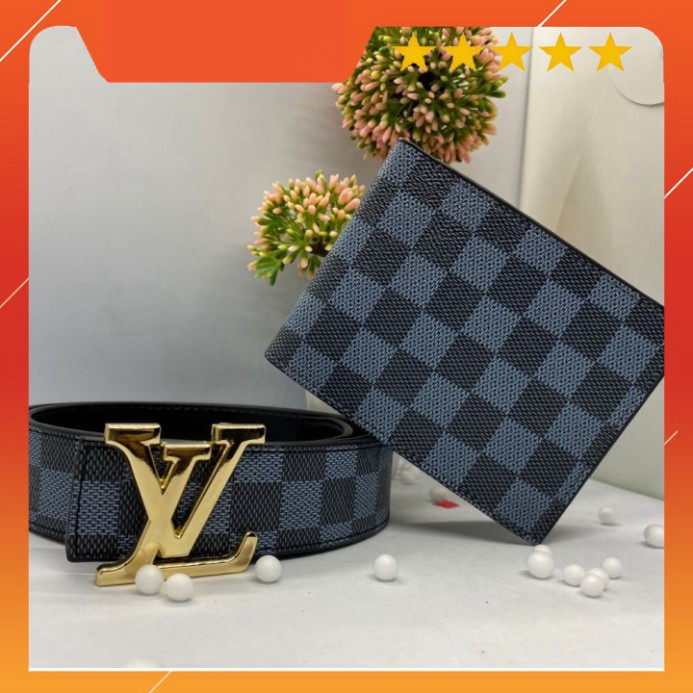 COMBO Thắt Lưng/Dây Nịt + Ví Da Nam Cao Cấp Kẻ Caro Xám, Mặt Khóa Vàng Hiện Đại Da Tổng Hợp PVC HOT HIT 2021 - SIÊU HOT