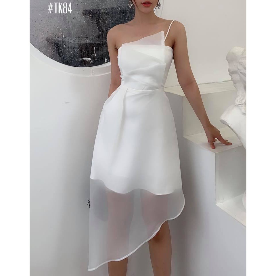 [HÀNG THIẾT KẾ CAO CẤP] Đầm Dây Xòe Lệch Tà Đi Tiệc Sang Trọng Màu Hồng