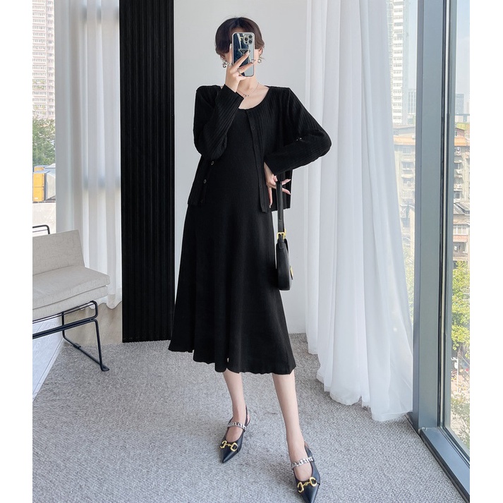 Set váy đầm bầu len kèm áo khoác cardigan thu đông cao cấp thiết kế sang trọng