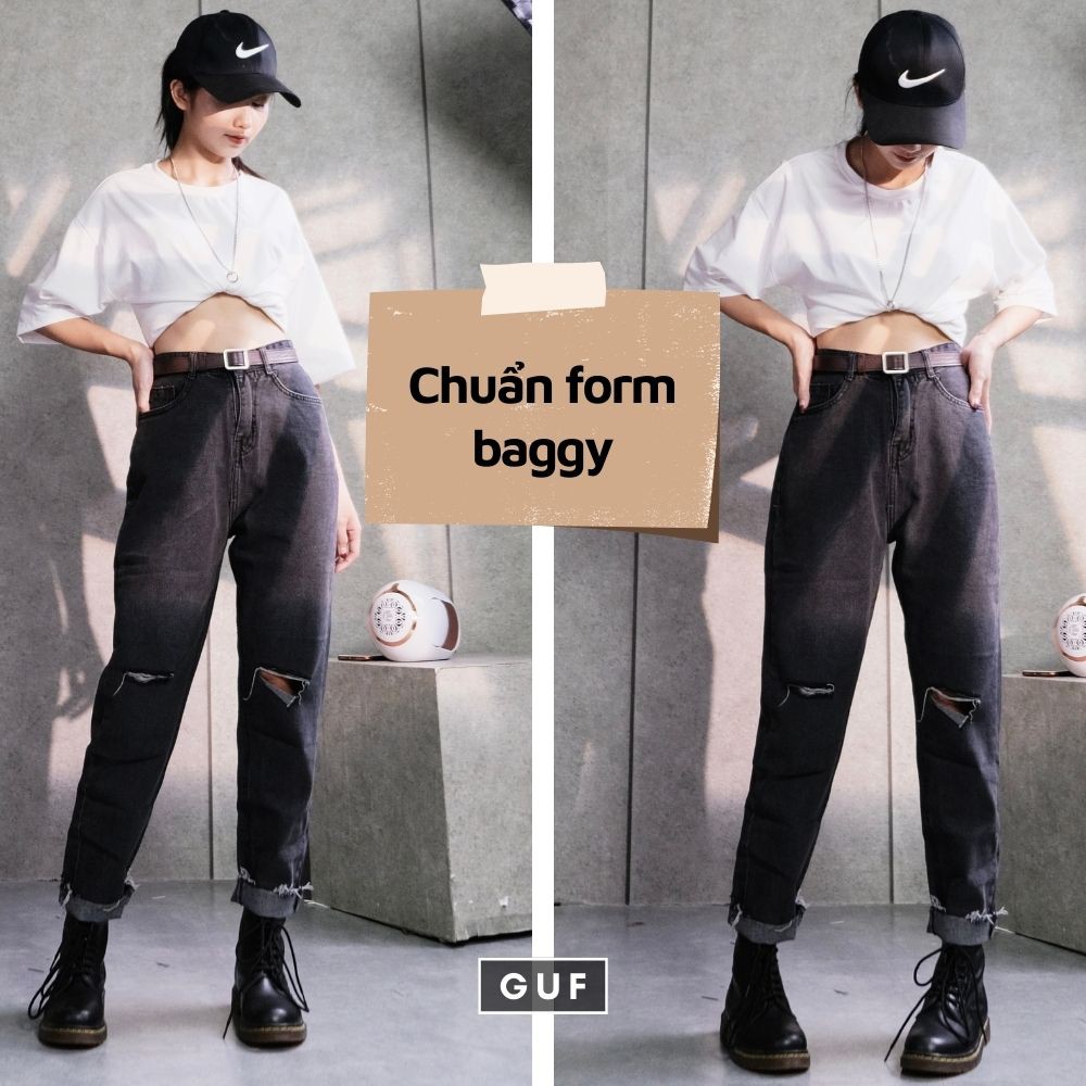 Quần Baggy Jean Nữ (Có Cả Bản Trơn Và Rách Gối) Cạp Cao Màu Đen Xám Khói Ôm Eo, Che Khuyết Điểm Thương Hiệu GUF | BigBuy360 - bigbuy360.vn
