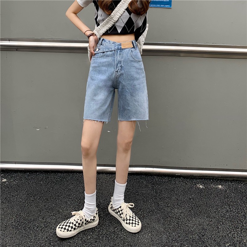 Light-colored denim shorts women's summer new style high-waist straight-leg raw-edge wide-leg pants loose pants