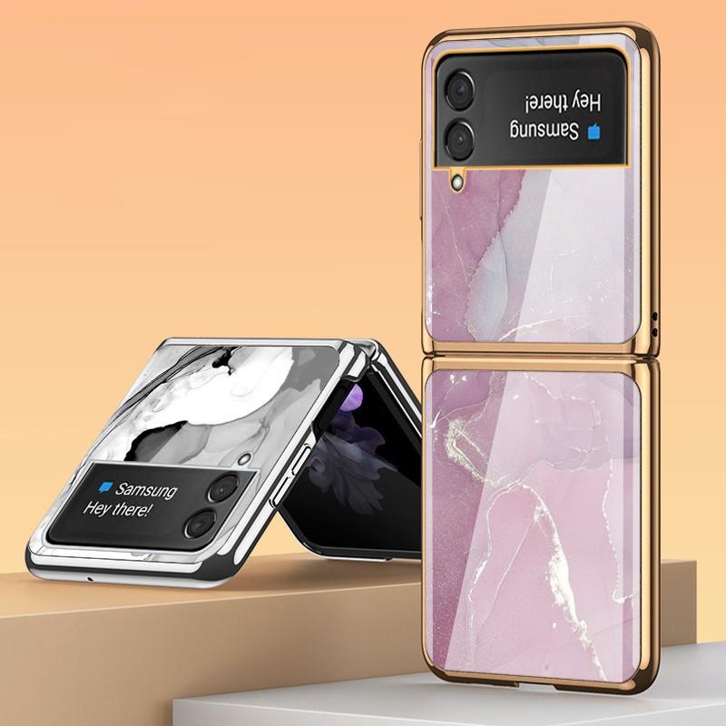 Ốp điện thoại mặt kính cường lực mạ điện hoạt tiết vân đá thích hợp cho Samsung Galaxy Z Flip 3 Z Flip 3