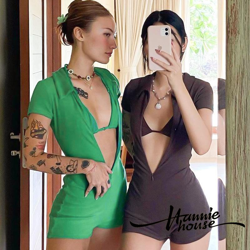 ✧✳Áo Liền Quần Tay Ngắn Cổ Polo Phối Khóa Kéo Thời Trang Mùa Hè Cho Nữ