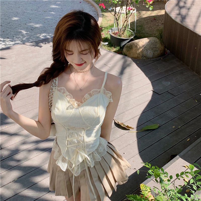 Áo Hai Dây Ngắn Phối Ren Quyến Rũ Thời Trang Mùa Hè Cho Nữ