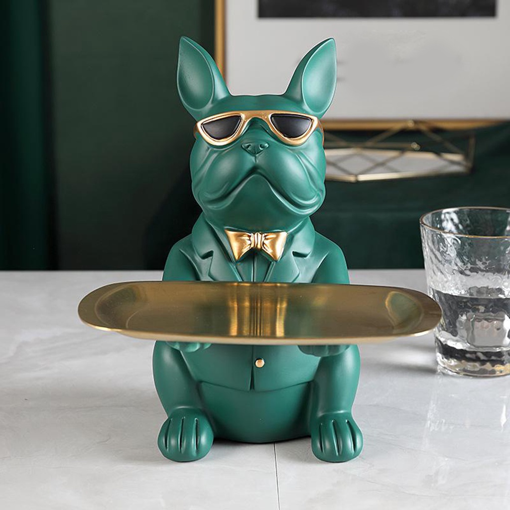Khay đựng bức tượng hình chó bull bằng nhựa resin màu xanh lá dùng trang trí nhà cửa
