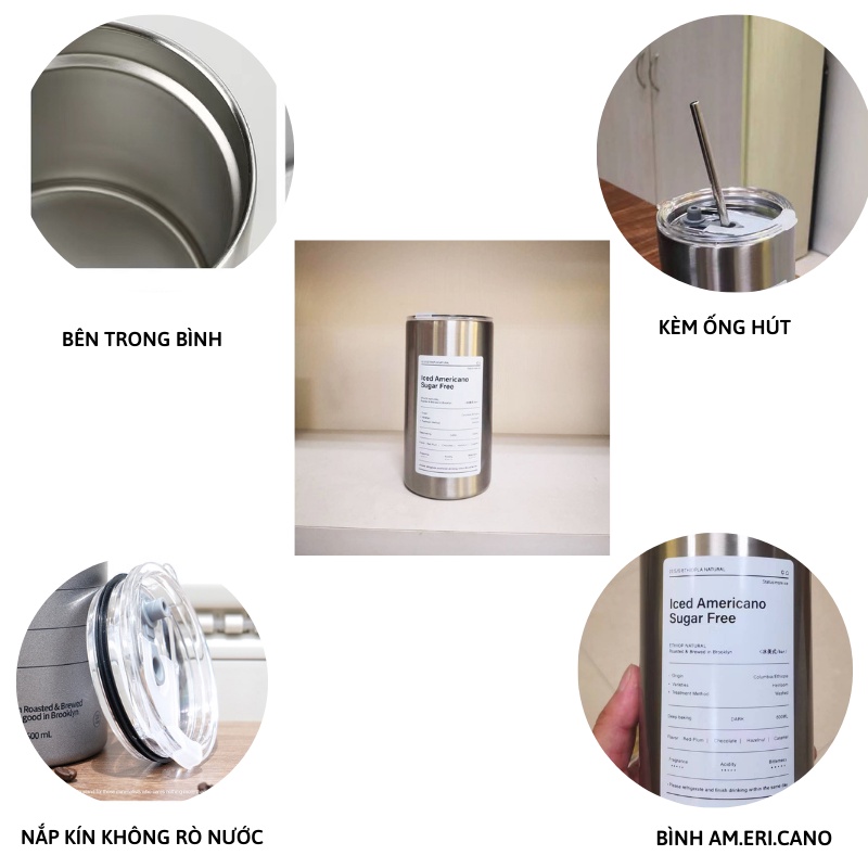 Ly giữ nhiệt bình giữ nhiệt 600 ml  Ame.ric.ano inox cao cấp kèm ống hút Miibooshi d2.121